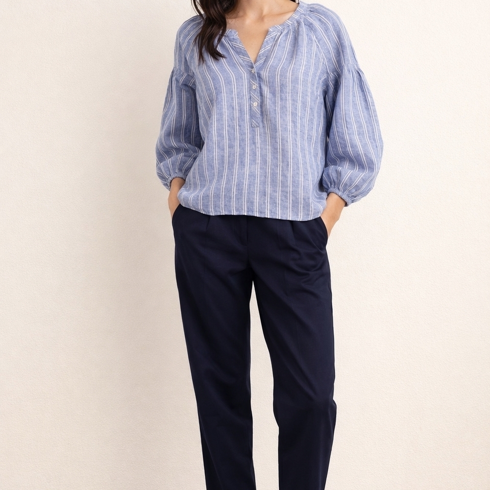 Ladies top  100 linen-Stripe Peasant Size Medium,Ballon Sleeves